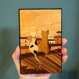 LA BOTTEGUCCIA Italy Inlaid Wood Cats On Roof Wall Art Plaque 4x6” Hand Crafted